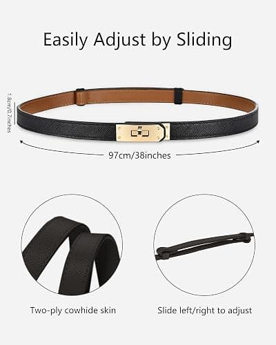 ANHAISHUILV Women's Skinny Leather Belt with Adjustable Silver Turn-Lock Buckle - Ideal for Dresses, Jeans, and Coats, Black - Black thumbnail 2