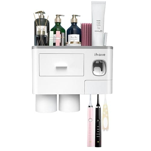 iHave Toothbrush Holders for Bathrooms, 2 Cups Toothbrush Holder Wall Mounted with Toothpaste Dispenser - Large Capacity Tray, Cosmetic Drawer - Bathroom Decor & Bathroom Accessories - 2 cup - White thumbnail 8