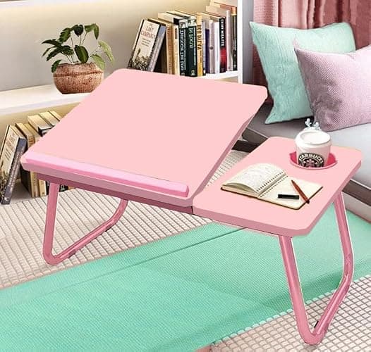 KKTECH Laptop Tray with Adjustable Angle, Space-Saving Bed Table with Foldable Legs, Cup Slot, Book Holder, Reading Stand, Versatile Laptop Table for Bed Use (PINK) thumbnail 7