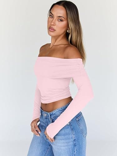 Trendy Queen Women Long Sleeve Shirts Off Shoulder Tops Going Out Crop Sexy Slim Fitted Y2K Fall Outfits 2025 Fashion Clothes thumbnail 3