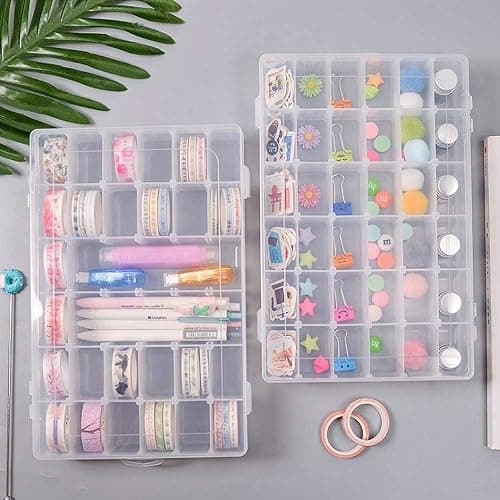 OUTUXED 2 Pack 36 Grids Clear Plastic Bead Organizer Box, Fishing Tackle Box Compartment Organizer with Adjustable Dividers for Jewelry, Art Craft, Bead Storage Containers with 5 Sheets Label Stickers thumbnail 2