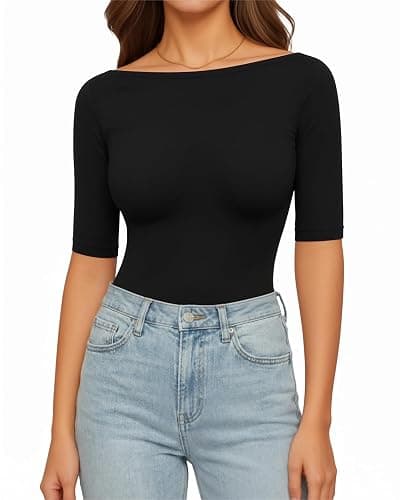 MANGOPOP Women's Half Sleeve Boat Neck Bodysuit 3/4 Sleeve Body Suit Fitted Going Out Tops 2026 thumbnail 2