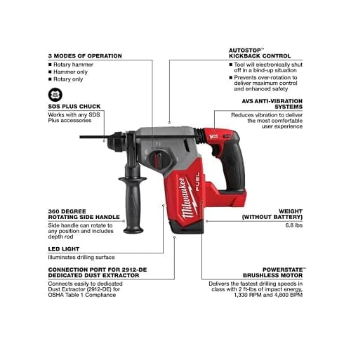 Milwaukee 2912-20 M18 Fuel 18V 1" Sds Plus Brushless Rotary Hammer thumbnail 4