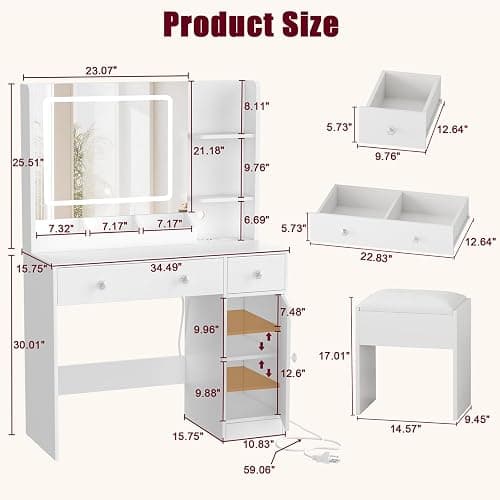 Makeup Vanity Desk with Mirror and Lights,Vanity Set with Mirror and Stool and Lights 3 Color,White Vanity Desk with Drawers,Make Up Table with Power Outlet,Dressing Table with Cabinet,Storage Shelves thumbnail 2