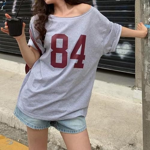 Pinclodly Off The Shoulder Tops for Women Short Sleeve Y2K Jersey Number Graphic Oversized Tshirts E-Girl Tees thumbnail 5