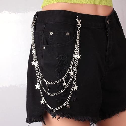 VEINTI+1 5 Pieces Silver Jeans Pants Chain Belt Goth Grunge Chain Pocket Waist Chain with Star Moon Snake Lock Decorations for Women/Men thumbnail 2