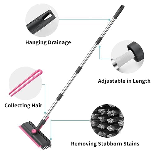 AIR U+ Floor Scrub Brush with Long Handle, 3 in 1 Scrape and Heavy-Duty Stiff Bristle Scrubber Brush for Cleaning Shower Bathroom, Patio, Pool, Garage, Kitchen, Wall and Deck, Gray and Pink thumbnail 6