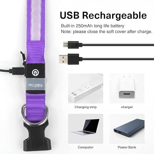 PcEoTllar Light Up Dog Collars, LED Dog Collar Rechargeable Purple Lighted Dog Collar Waterproof Dog Lights for Night Walking RGB Colorful Flashing Dog Collar for Small Medium Large Dogs-Purple-M thumbnail 7