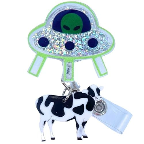 Cute UFO Cow Badge Reel Holder Retractable with ID Clip for Nurse Nursing Name Tag Card Funny Accessories with Alligator Clip Medical Assistant Office Student Work Hospital - Image 1