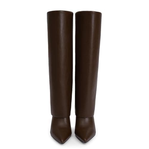 VIUGJNEX Knee High Boots Women Fold Over Boots Pointed Toe Stiletto Heel Long Shark Tall Boots with Zipper thumbnail 7