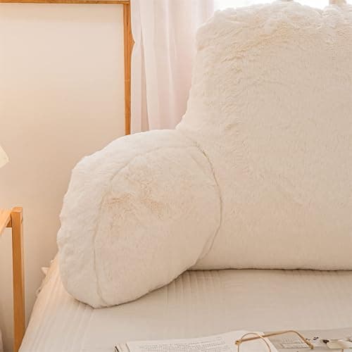A Nice Night Faux Fur Reading Pillow Bed Wedge Large Adult Children Backrest with Arms Back Support for Sitting Up in Bed/Couch for Bedrest,Ivory thumbnail 4