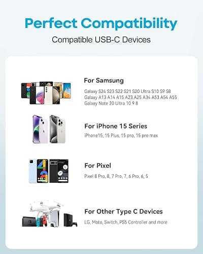 Huukein White USB C Cable 15ft, Extra Long USB A to USB C Cable Fast Charging, USBC Charger Cord Compatible with iPhone 15 Pro Max Plus, for Samsung Galaxy S21 Note 10, Pixel thumbnail 6