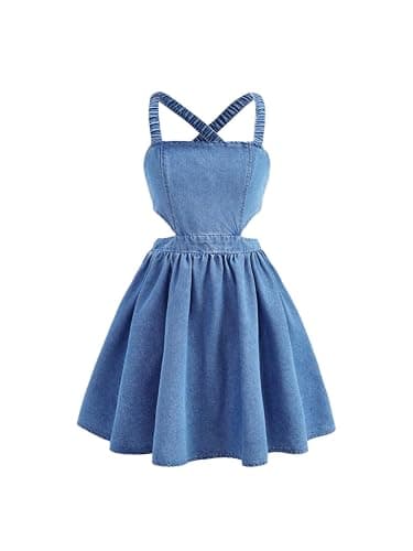 WDIRARA Girl's Bow Denim Dress Criss Cross Backless A Line Swing Short Cami Dress - Image 1