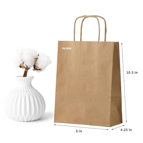 FACEBAG 50-Pack Brown Paper Bags with Handles Bulk, 8x4.25x10.5 Inches,Medium-sized Gift Bags with Handles for Party Favors，Take-Out，Grocery Shopping & Retail，Reusable & Durable thumbnail 4