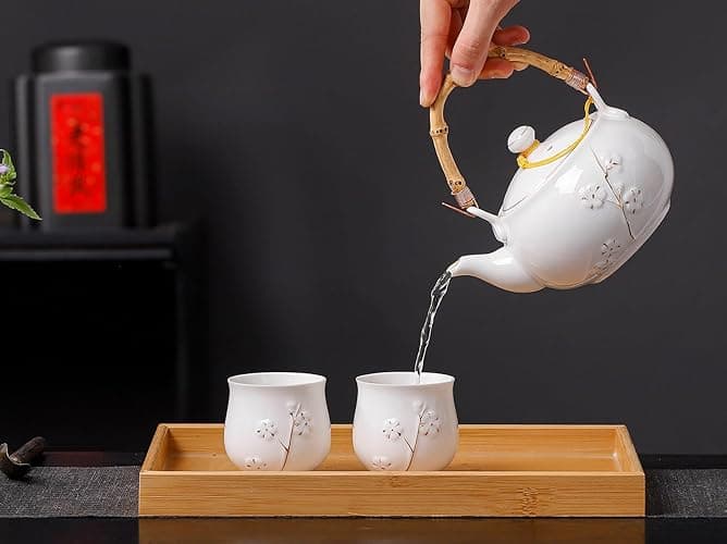 REOWONU Japanese Tea Set, White Porcelain tea set with 1 Teapot(23 oz/660ml), 6 Tea cups(5.3 oz/150ml), 1 Tea Tray, Golden plum blossom relief, Asian tea sets for adults (Golden plum-White) thumbnail 6