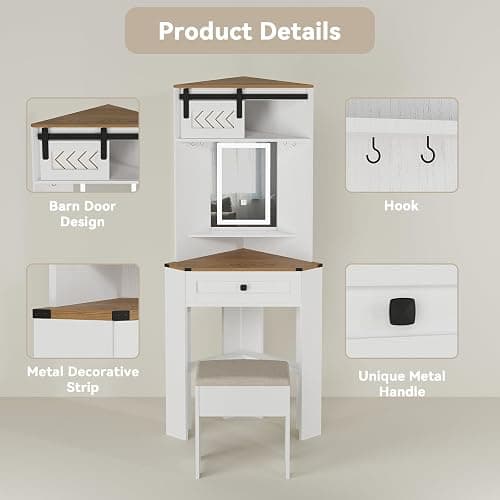 ARTETHYS Small Vanity Desk Set with Lights and Mirror Makeup Vanities with Drawers for Corner Space White Farmhouse Make up Dressing Table with Storage Stool for Bedroom thumbnail 6