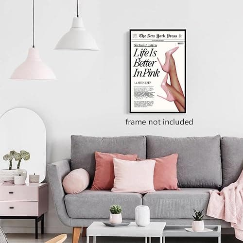 Retro Newspapaer Canvas Wall Art, Funny Life Is Better In Pink Quote Poster, Funky Pink High Heel Picture Girls Bedroom Wall Decor, Trendy News Headline Girly Dorm Apartment Art 12x16in Unframed thumbnail 5