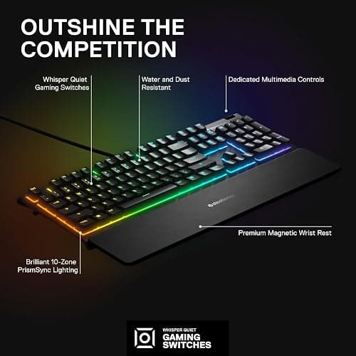 SteelSeries Apex 3 RGB Gaming Keyboard – 10-Zone RGB Illumination – IP32 Water Resistant – Premium Magnetic Wrist Rest (Whisper Quiet Gaming Switch) thumbnail 3