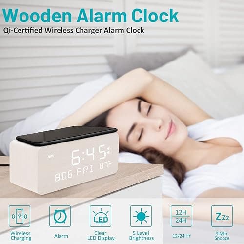 Andoolex Wooden Digital Alarm Clock with Wireless Charging, 0-100% Adjustable Brightness Dimmer and Volume, Weekday/Weekend Mode, Dual Alarm, Snooze, 12/24H, Wood LED Clock for Bedroom (White) thumbnail 2