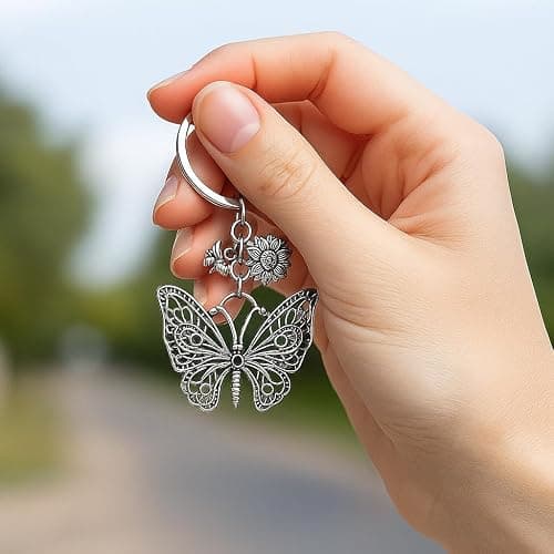Vintage Butterfly Keychain - Antique Silver Floral Key Chains for Women, Rustic Bee & Flower Bag Charms, Boho Gift thumbnail 5