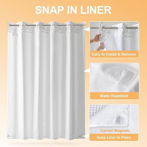 River Dream Cotton Blend No Hook Shower Curtain with Snap in Liner, Hotel Grade Shower Curtains for Bathroom, Water Repellent, White, 71W x74 L thumbnail 5