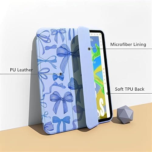 KFQDC for iPad A16 11 Inch 2025 /for iPad 10th Generation 10.9 Inch 2022 Cute iPad Case with Pencil Holder-[Auto Wake/Sleep], Trifold Stand Soft TPU Protective Cover, Blue Bows thumbnail 6