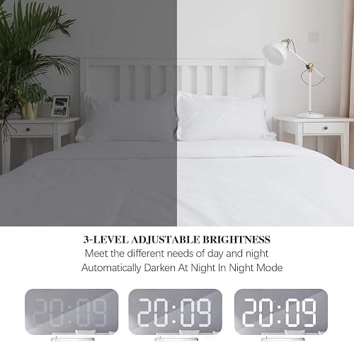 Miowachi Digital Alarm Clock,Large Mirrored LED Clock,Snooze,Dim Night Light 2 USB Charger Ports Desk Alarm Clocks for Bedroom Decor (White) thumbnail 4