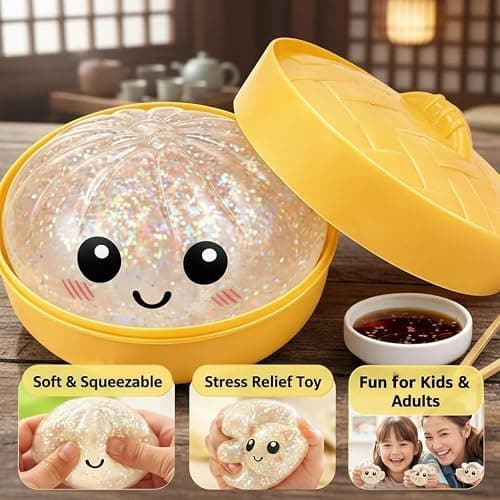Dumpling Squishy Mystery Box, Slow Rising Glitter Squishy Dumpling Toy, Anxiety Relief Fidget, Stocking Stuffers with Food Steamer Stretchy Desk Toys (Glitter Red) thumbnail 5