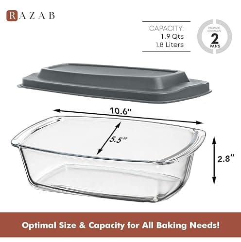 Razab LARGE 7.6 Cups/1800 ML/1.9 Qt Glass Loaf Pan with Lids (Set of 2) - Meatloaf Pan BPA free Airtight Lids Grip Handle Easy Carry, Microwave and Oven Safe - Loaf Pans For Baking Bread, Cakes thumbnail 2