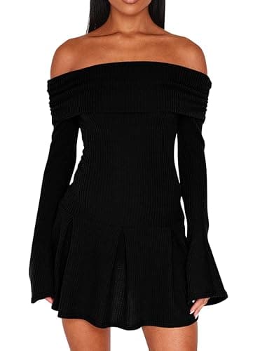 DAAWENXI Women's Casual Off The Shoulder Ribbed Knit Sweater Mini Dress 2025 Fall Long Sleeve A Line Dresses - Image 1