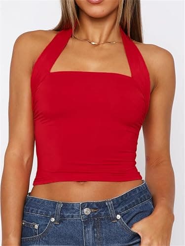 ForeFair Women Halter Neck Backless Crop Top  Y2K Sleeveless Tank Top Open Back Slim Fit Tops thumbnail 2