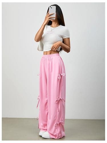 Verdusa Women's Baggy Sweatpants Elastic Waist Casual Bow Wide Leg Pants with Pocket Y2K Going Out Travel Pants thumbnail 3