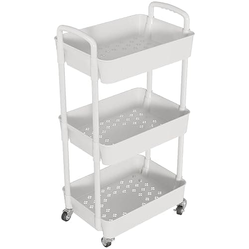 Laiensia 3-Tier Rolling Cart with Wheels,Multifunction Utility Storage Carts, Kitchen Storage Organizer,Mobile Shelving Unit for Bathroom,Laundry,with Classified Stickers,White thumbnail 4