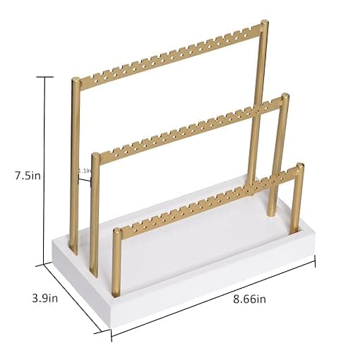 SANY DAYO HOME 3-Tier Earring Holder Organizer Stand, 105 Holes Gold Metal Earring Rack Jewelry Display Tree with White Wood Tray for Women and Girls thumbnail 3