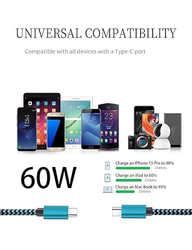 Teeind Type C Cable Fast Charging, Tpc002 3 Pack(3Ft/0.9M 60W) C to Type C Charger Nylon Braided Cord Compatible with iPhone 17/17 pro, 16/16 pro, MacBook, Samsung Galaxy S25/24/23/22, for Daily Use thumbnail 6