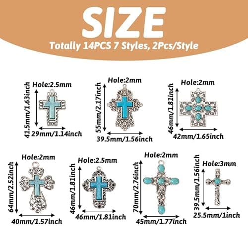 Spritewelry 14Pcs 7 Styles Turquoise Pendant Gemstone Cross Charms Tibetan Vintage Large Pendant Retro Religion Stone Dangle Charms for Big Earrings Necklace Keychain Jewelry Making DIY Crafts thumbnail 2