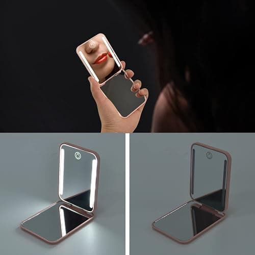 Kintion Rechargeable Pocket Mirror, Double Sided 1X/3X Magnification Compact Vanity Mirror, 3 Color Lights, Dimmable, Small Portable Wallet Mirror, Lighted Travel Mirror for Women Gifts, Pink thumbnail 4