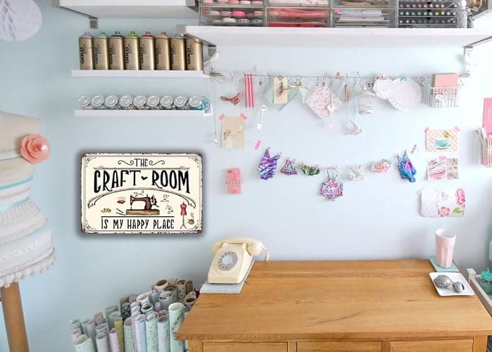 The Craft Room Is My Happy Place Sign Retro Vintage Metal Sign Wall Decor for Home Sewing Room Craft Room Wall Decor Art 8x12 inch thumbnail 2