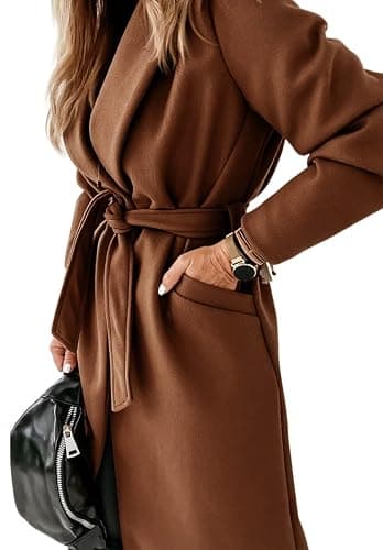 Womens Classic Coat Lapel Collar Open Front Belted Long Jacket thumbnail 2