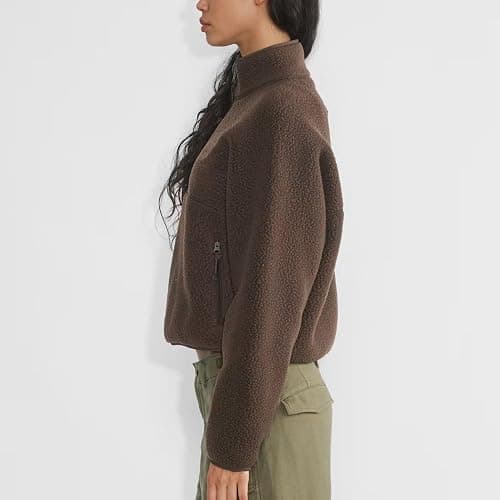 Keeliya Womens Fleece Sweatshirts Cropped Half Zip Fuzzy Warm Sherpa Pullover Varsity Jackets with Zipper Pockets thumbnail 4
