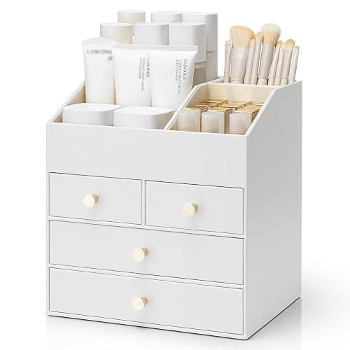 Vlando Makeup Organizer Countertop,Large Vanity Organizer PU Leather Make up Storage with 4 Drawers Skin care Organizer Cosmetic Display Case for Lipstick,Brushes,Bedroom-White - Image 1