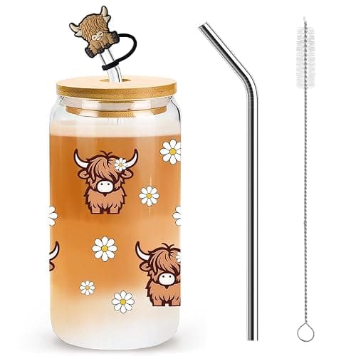Nymora Highland Cow Glass Cup with Lid and Straw, 16oz Cute Tumbler for Iced Coffee, Cocktails, and Drinks, Highland Cow Gift for Women and Girls (B) thumbnail 2