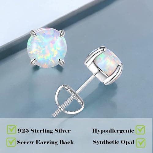 Hypoallergenic Earrings for Women: 925 Sterling Silver Rainbow Moonstone/Opal/Turquoise Screw Back Stud Earrings for Sensitive Ears Small Round Earrings Christmas Mother Day Jewelry Gifts (5mm/7mm) thumbnail 6