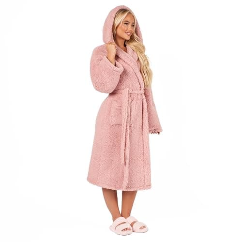 OHS Womens Dressing Gowns Teddy Fleece, Warm Cosy Fluffy Dressing Gown Bathrobes Women Hooded Luxury Oversized Ladies Mens Dressing Gown, One Size - Image 1