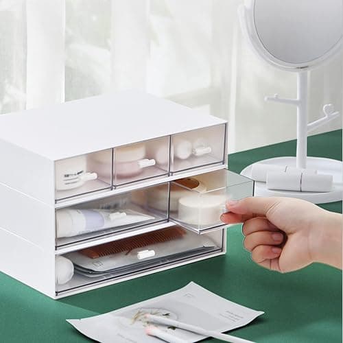 Desk Organizer-3 Tier Stackable Storage Drawers with 6 Compartments White Compact Desk Storage Drawers Great for Makeup Storage Bathroom Organization Accessories Etc (White) thumbnail 5