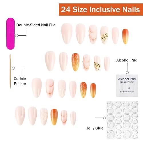 Flower Press on Nails Medium Almond SWEKKE Handmade Fake Nails 3D Orange False Nails with Floral Shell Designs Glossy Glue on Nails Summer Acrylic Nails for Women Girls 24 Pcs thumbnail 2