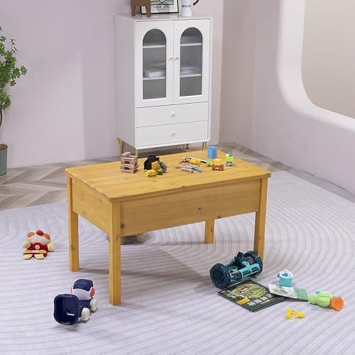 BIRASIL Wooden Kids Sensory Tables with Folding Lid, Activity Table for Children, Elevated Play Tables with Storage for Indoor Outdoor, Yellow thumbnail 2