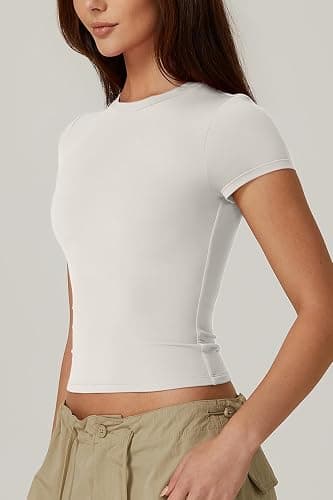QINSEN Women's Crew Neck Short Sleeve Double-Layer Tops Basic Slim Fit Going Out T Shirt thumbnail 3