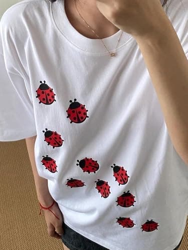 JOLILUNA Whimsy Twee Clothes for Women Oversize Graphic Ladybug Tee Y2k Fashion Whimsical Clothes Streetwear thumbnail 4