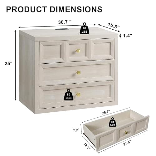 3 Drawers Nightstand with Charging Station, 30.7" King Size Bedside Table with 3 Drawers, Accent End Table W/Large Storage, Modern Wood Side Table for Bedroom,Office, Beige (1 Piece, Beige) thumbnail 2
